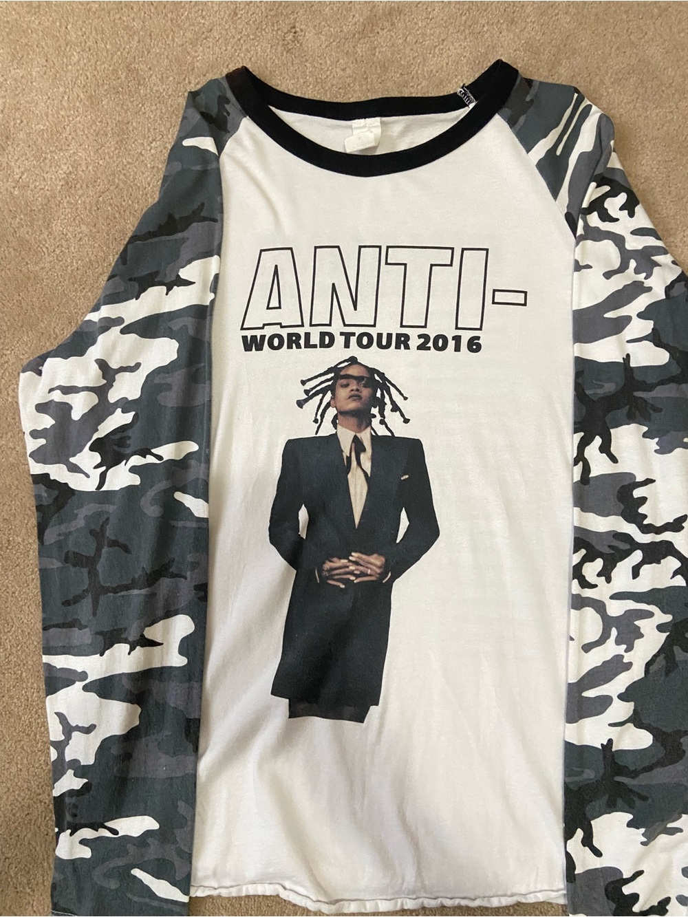 Rihanna 2016 Anti World Tour White Raglan Tee with Black & Gray Camo Sleeves